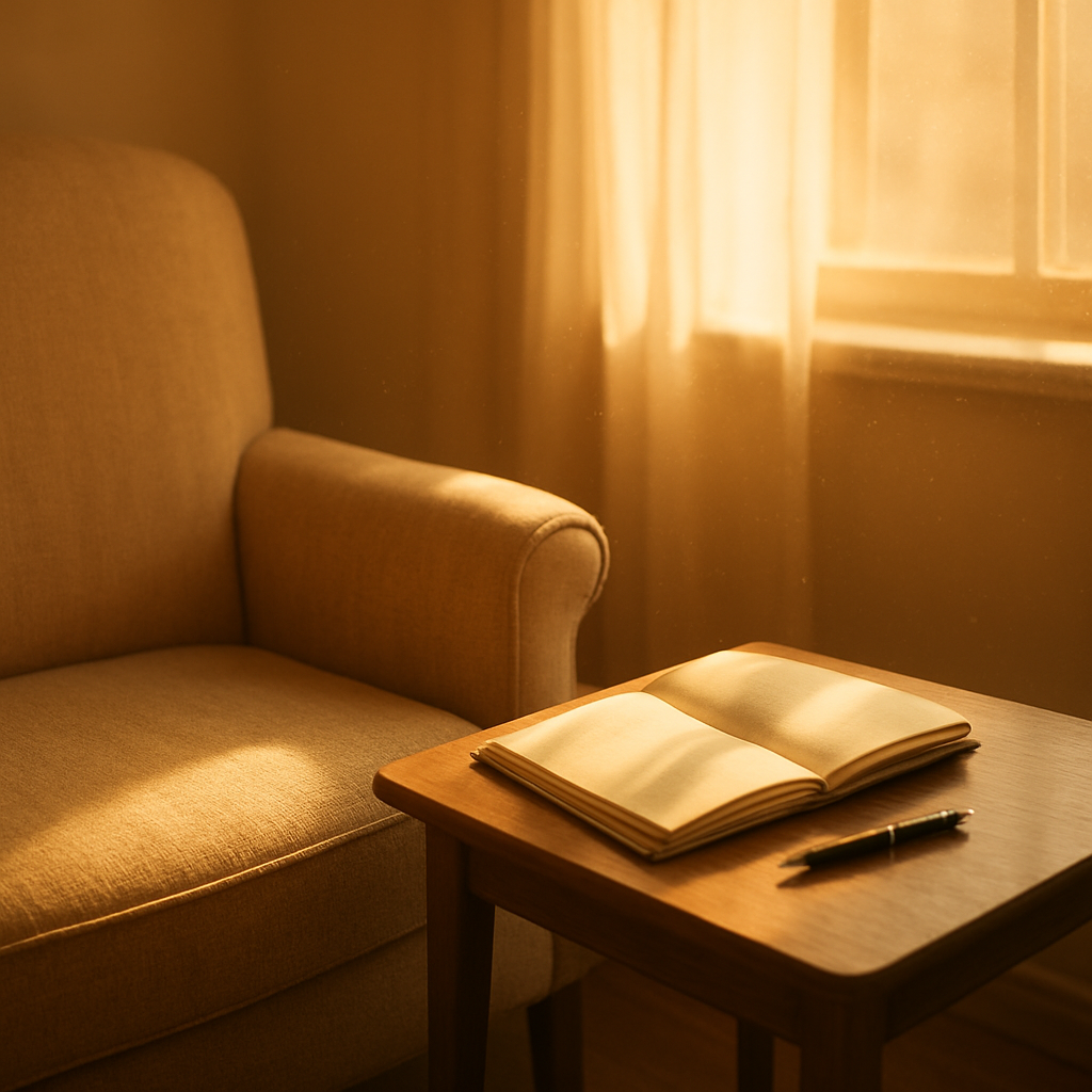 A chair beside an open journal in warm morning light