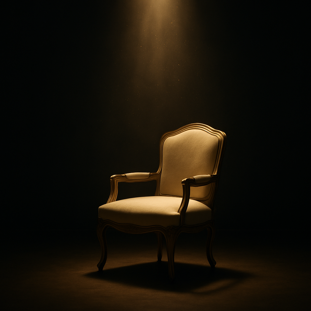 An empty chair resting under a warm spotlight in a quiet, dark room